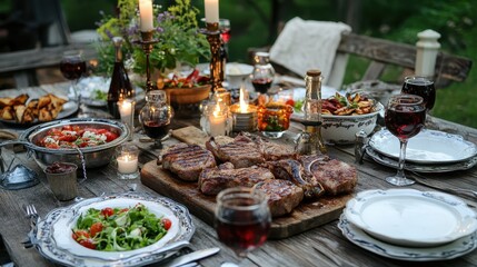 Naklejka premium Grilled Meats, Salad and Wine on a Rustic Table