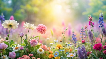 Pastel-colored flowers and leaves arranged in a whimsical garden setting, garden, greenery, springtime, floral arrangements