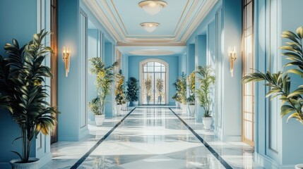 Fototapeta premium Elegant Hallway with Light Blue Walls and Golden Accents