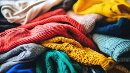 A vibrant pile of various colored clothes displayed artfully, highlighting the rich textures and patterns, with ample copy space for design or branding elements.
