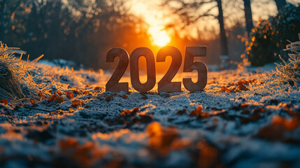 a number "2025" from wood in morning mountain background,for new year and change concept, with copy space, Generative AI