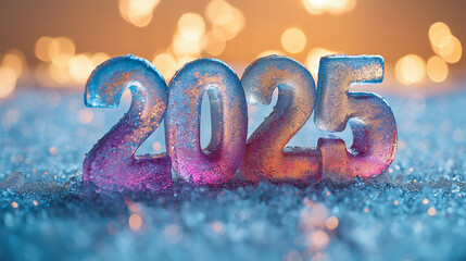 a number "2025" from ice in morning mountain background,for new year and change concept, with copy space, Generative AI