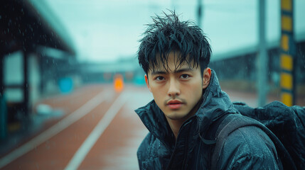 An asian man on the running track, looking directly at the camera. It&rsquo;s a full-body shot taken in the morning, Generative AI