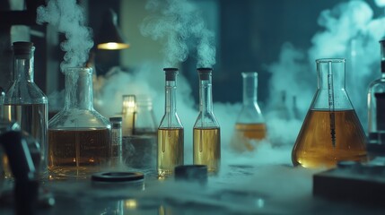 Laboratory Experiment with Steaming Flasks and Chemicals
