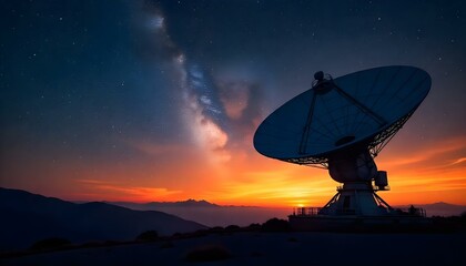Radio telescope dish against a starry night sky with the Milky Way galaxy with copy space