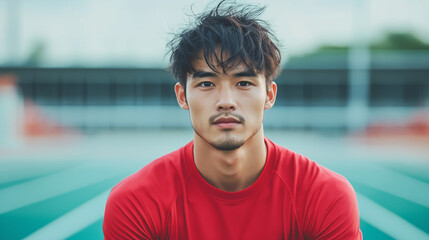 An asian man on the running track, looking directly at the camera. It&rsquo;s a full-body shot taken in the morning, Generative AI