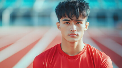 An asian boy on the running track, looking directly at the camera. It&rsquo;s a full-body shot taken in the morning, Generative AI