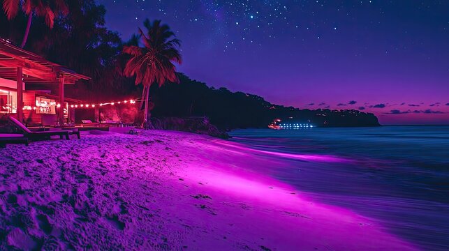 Nighttime Beach Scene with Palm Tree and Pink Lighting