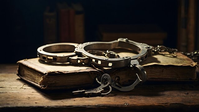 Handcuffs Resting on an Antique Book in a Dimly Lit Room Filled With Bookshelves in a Historical Setting