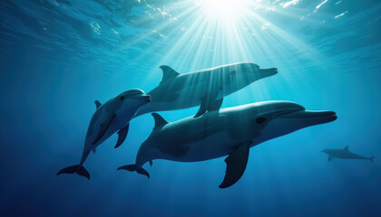 Underwater dolphins in sunlight