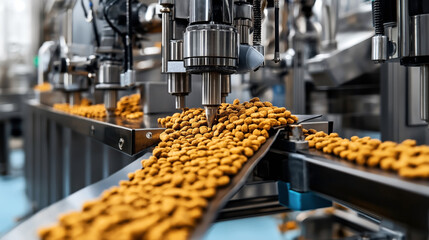 Close-up view of an industrial food production line with machines processing dry pet food pellets on conveyor belts in a factory setting.