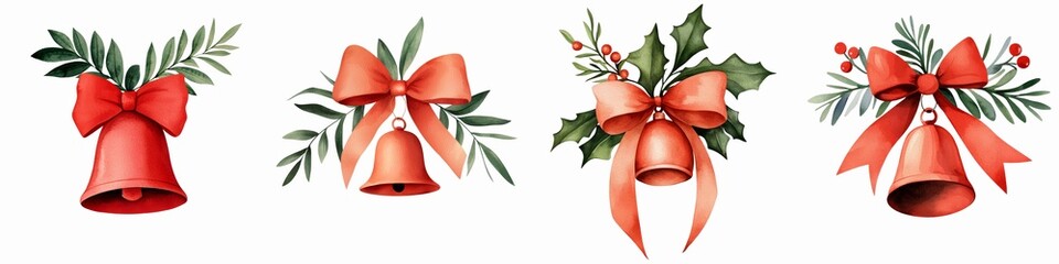 A festive illustration featuring four red bells adorned with elegant bows and greenery, perfect for holiday decorations., watercolor on white background