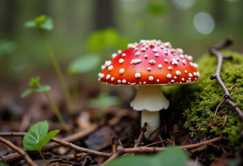Close-up of a red and white mushroom in the woods