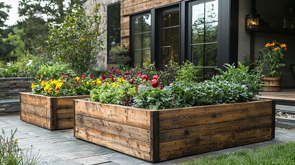 Naklejka premium Raised Garden Beds with Wooden Planters: Backyard Garden Design Ideas