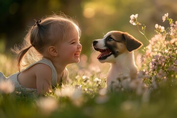 A joyous moment shared between a child and a puppy. They laugh together in a blooming garden. This style captures warmth and innocence. Generative AI
