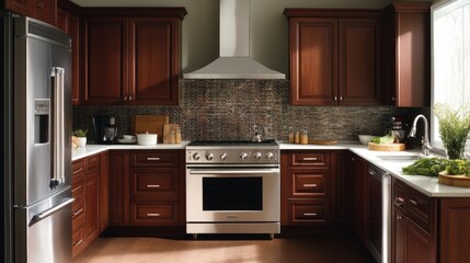 Modern Kitchen with Rich Wooden Cabinets and Appliances