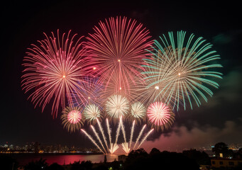 Obraz premium Fireworks over a city at night