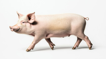 Fototapeta premium A side view of a realistic pink pig walking on a white background, showcasing its trotters and curled tail.