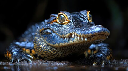 Obraz premium A close-up of a vibrant crocodilian resting in its habitat.