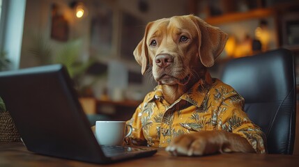 amusing scene of a brown labrador dog in a playful shirt, sitting at a desk using a phone and sipping from a cup, capturing a whimsical take on business life with a canine twist