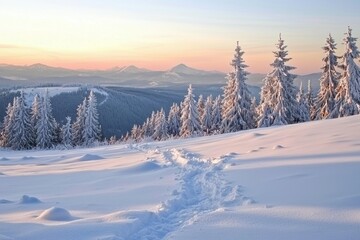 Obraz premium A serene winter landscape featuring snow-covered trees and a sunset in the background, creating a peaceful atmosphere.