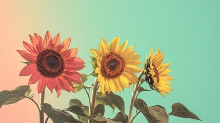 Obraz premium Four vibrant sunflowers against a green and light pink background create a lively scene. This sunflower composition provides ample copy space for text or branding.