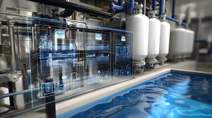 Detailed photography of an advanced water system with complex pipeline tubing valves and other industrial machinery in a factory or manufacturing environment