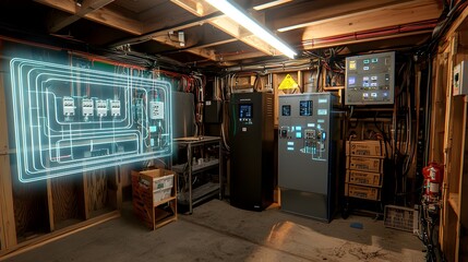 Detailed view of a basement electrical system installation showcasing the circuit breaker panel wiring and other essential components for reliable power distribution and safety