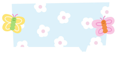 Pastel blue text bubble with butterfly and flower pattern background for cartoon, comic, dialogue, chat, speech, communication, sticker, social media, decoration, floral print, animal, blossom