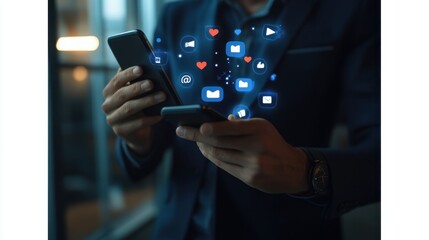 Man Using Smartphone with Social Media Icons