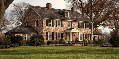 A classic farmhouse made of brick and stone, showcasing a strong connection to agricultural history and a sense of enduring stability in its design and structure.