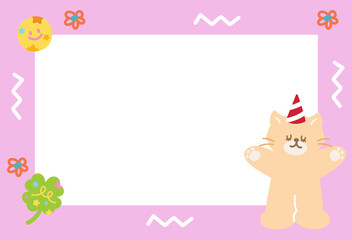 Cute pink frame with cat, party hat, flower, clover leaf for polaroid frame, animal, pet shop, vet, social media, post card, rectangle template, sticky note, banner, name tag, summer, blossom, kitten