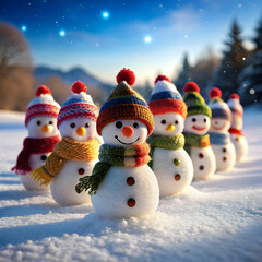 Fototapeta premium A delightful mini snowman army stands in formation