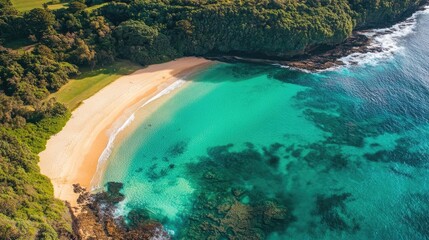 Obraz premium Aerial perspective of a stunning turquoise green beach, creating a summer background perfect for travel concepts. This turquoise green beach captures the essence of summer.