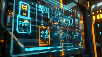 Futuristic electrical panel with holographic interface and advanced smart analytics system for power grid management and diagnostics