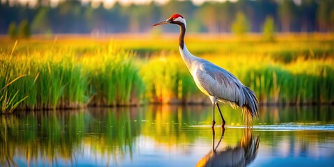 Naklejka premium In a peaceful wetland, a majestic crane stands with grace, embodying elegance and natural beauty as it blends harmoniously into its serene environment.