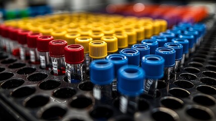 Obraz premium Colorful Test Tubes in a Laboratory Rack - Medical Research Equipment