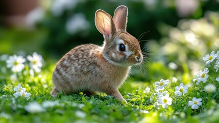 Fototapeta premium A cute rabbit exploring a flower-filled garden.