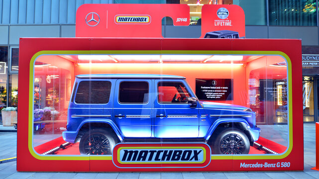 Warsaw, Poland. 27 October 2024. The logo of Matchbox company on the big box with a brand new Mercedes Benz G580 Electric model. Promotion Mercedes Benz G580 electric car.