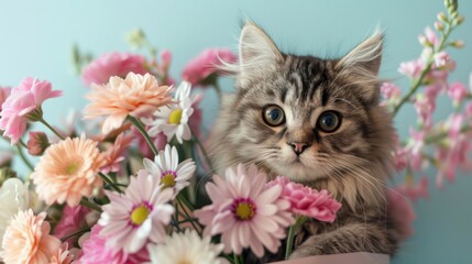 Adorable cat surrounded by colorful flowers, perfect for nature lovers.