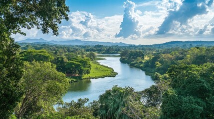 Obraz premium Breathtaking river views embraced by lush greenery create a serene atmosphere, perfect for capturing stunning river views and enhancing any natural landscape collection.