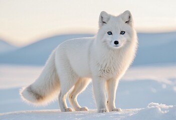 A white Arctic fox stands on snow-covered terrain with a backdrop of snowy hills under a clear sky, showcasing its thick fur and alert posture. Ai generated image.