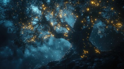 Enchanted tree with glowing branches under a mystical night sky, creating a surreal and magical atmosphere.