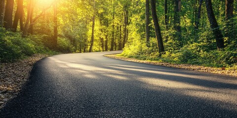 Fototapeta premium An unoccupied asphalt road basks in the stunning light of a beautiful sunrise, creating a spectacular scene of tranquility and natural beauty.