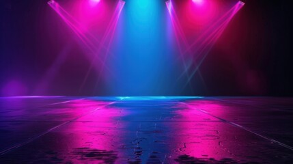 Colorful stage lights illuminating an empty floor in a dark setting.