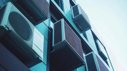 Obraz premium Exterior of a modern building with sleek air conditioning units, showcasing contemporary infrastructure and climate tech.