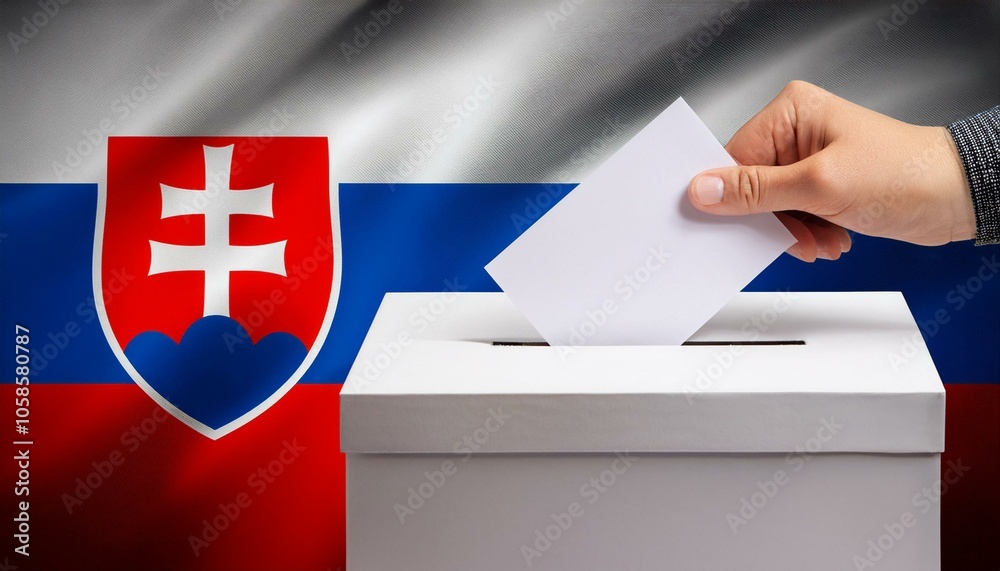 Wall mural スロバキアの国旗の背景と投票箱と投票する手。選挙。(slovakia flag background and ballot box and hand voting. election.)