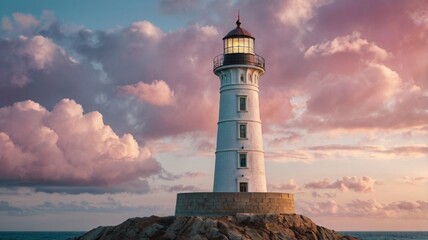 Close up photo of a lighthouse on the coast of state country with a fascinating pastel pink and purple sky as background, a wallpaper painting