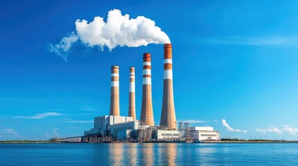 Obraz premium A power plant with cooling towers emits white smoke against a clear blue sky, reflecting on calm water during the day.