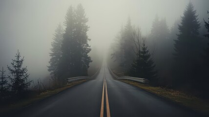 Fog on the road with nature isolated background view. Foggy road street with trees plants leaves. winter smog road with loneliness backgrond wallpaper